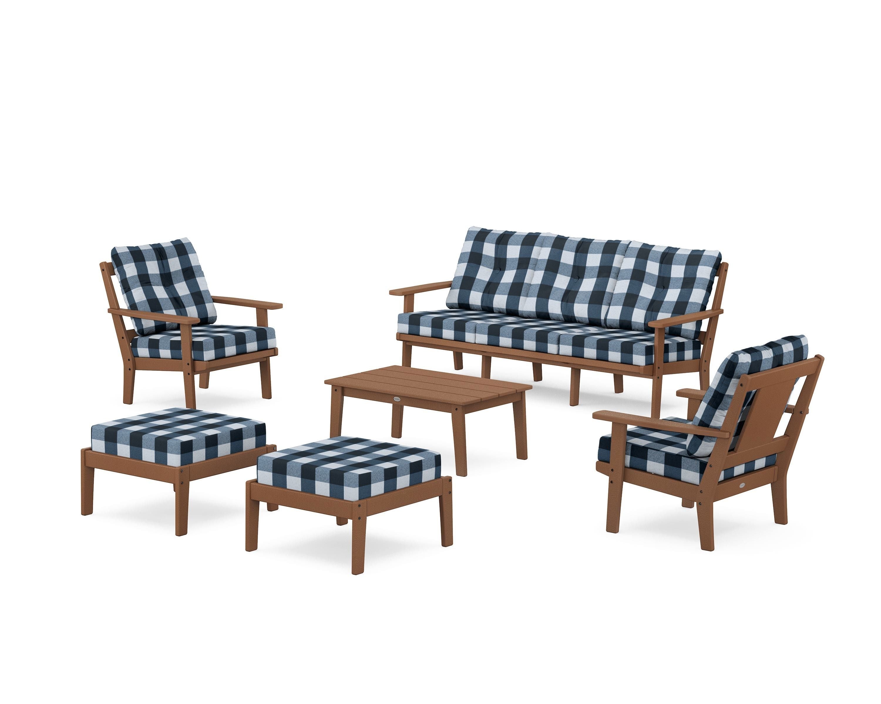 POLYWOOD® Prairie 6-Piece Lounge Sofa Set in Teak / Buffalo Plaid Marine Indigo