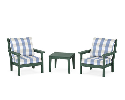 POLYWOOD® Chippendale 3-Piece Deep Seating Set in Green / Buffalo Plaid Sky Blue