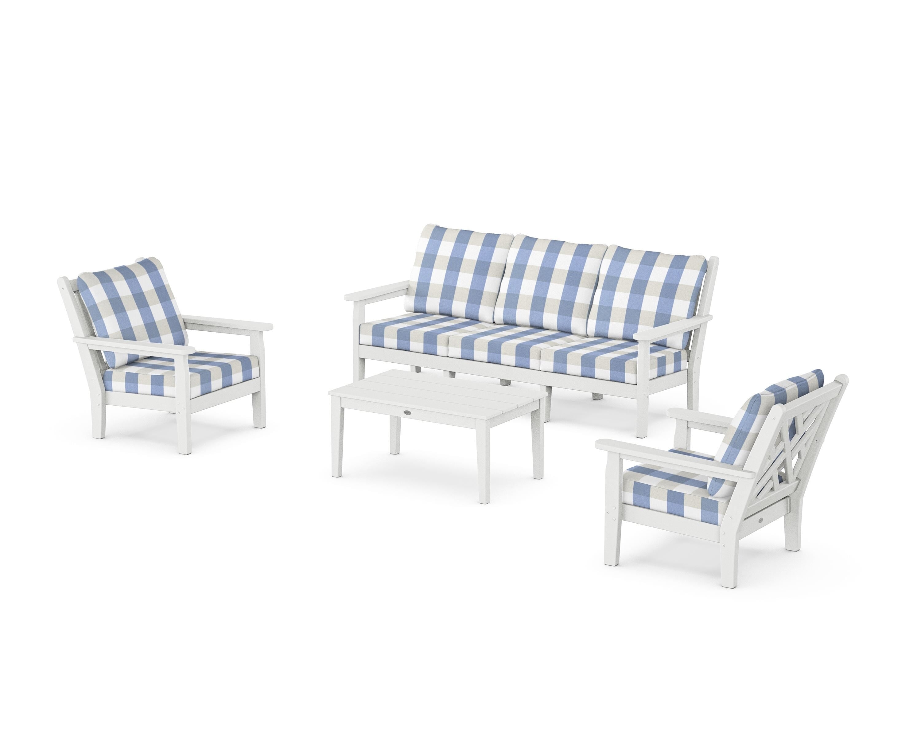 POLYWOOD® Chippendale 4-Piece Deep Seating Set with Sofa in White / Buffalo Plaid Sky Blue