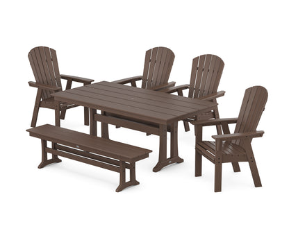 POLYWOOD® Nautical Curveback Adirondack 6-Piece Farmhouse Dining Set with Trestle Legs and Bench in Mahogany