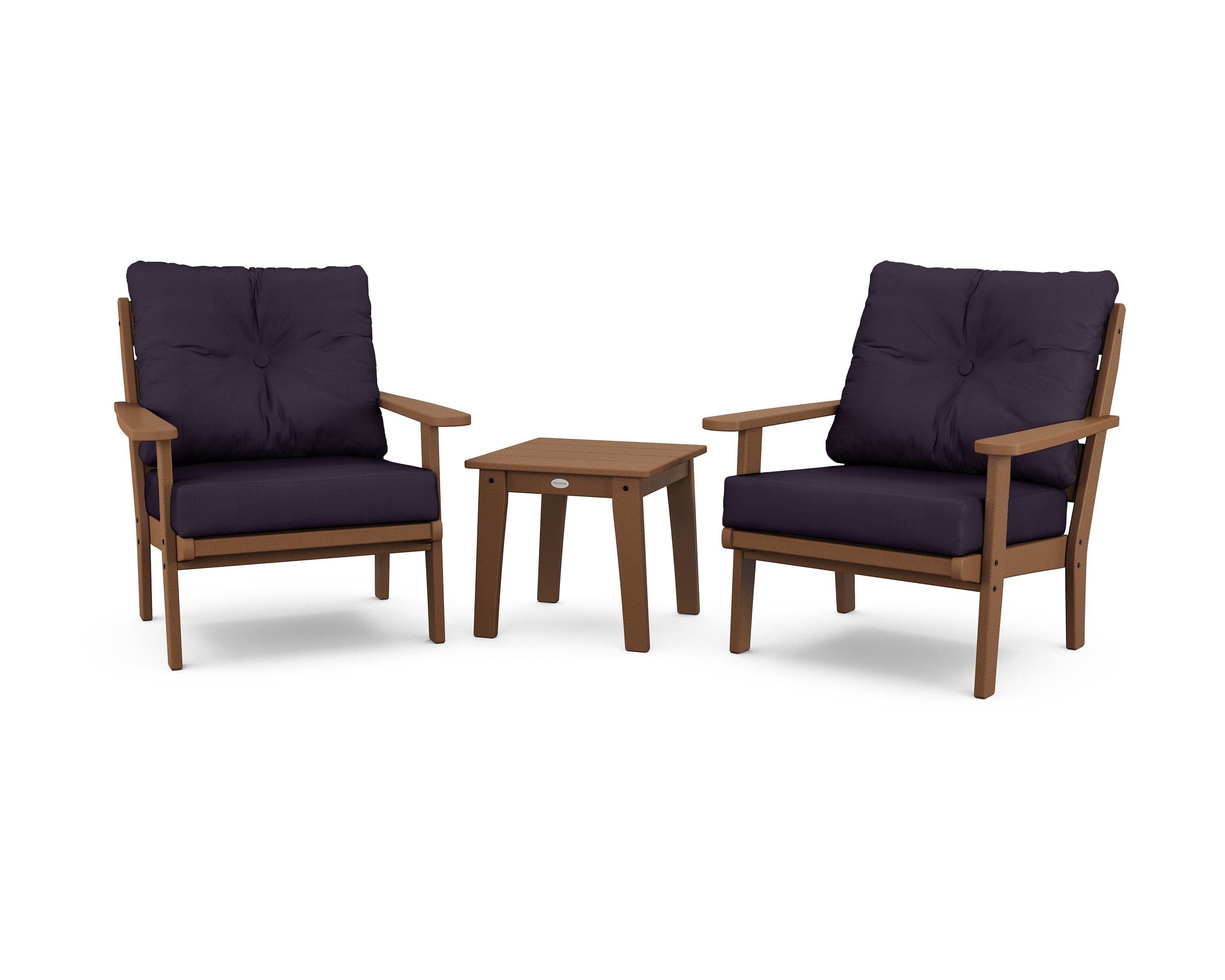 POLYWOOD® Lakeside 3-Piece Deep Seating Chair Set in Teak / Navy Linen