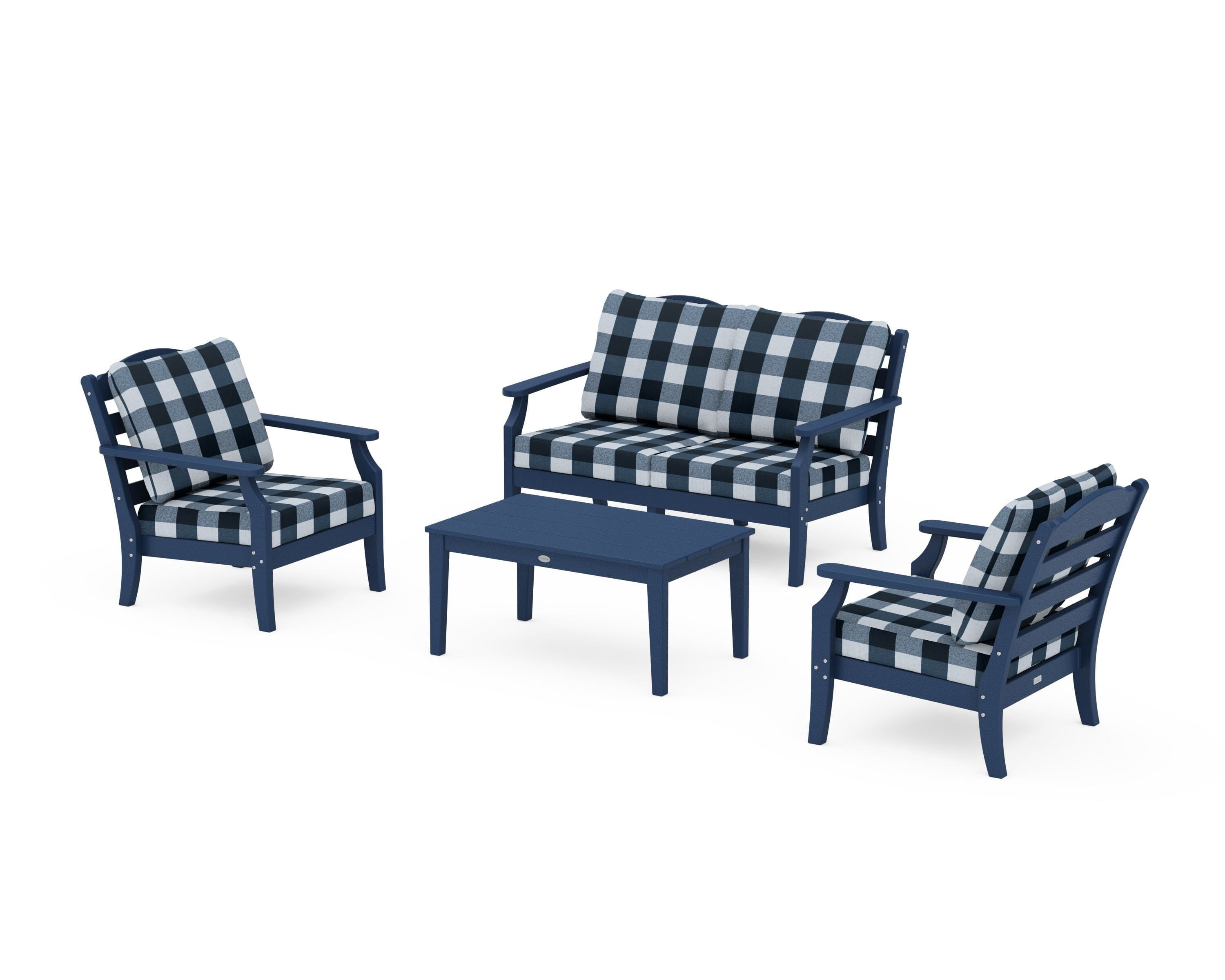 Draper James™ by  POLYWOOD® Savannah 4-Piece Deep Seating Set with Loveseat in Navy / Buffalo Plaid Marine Indigo