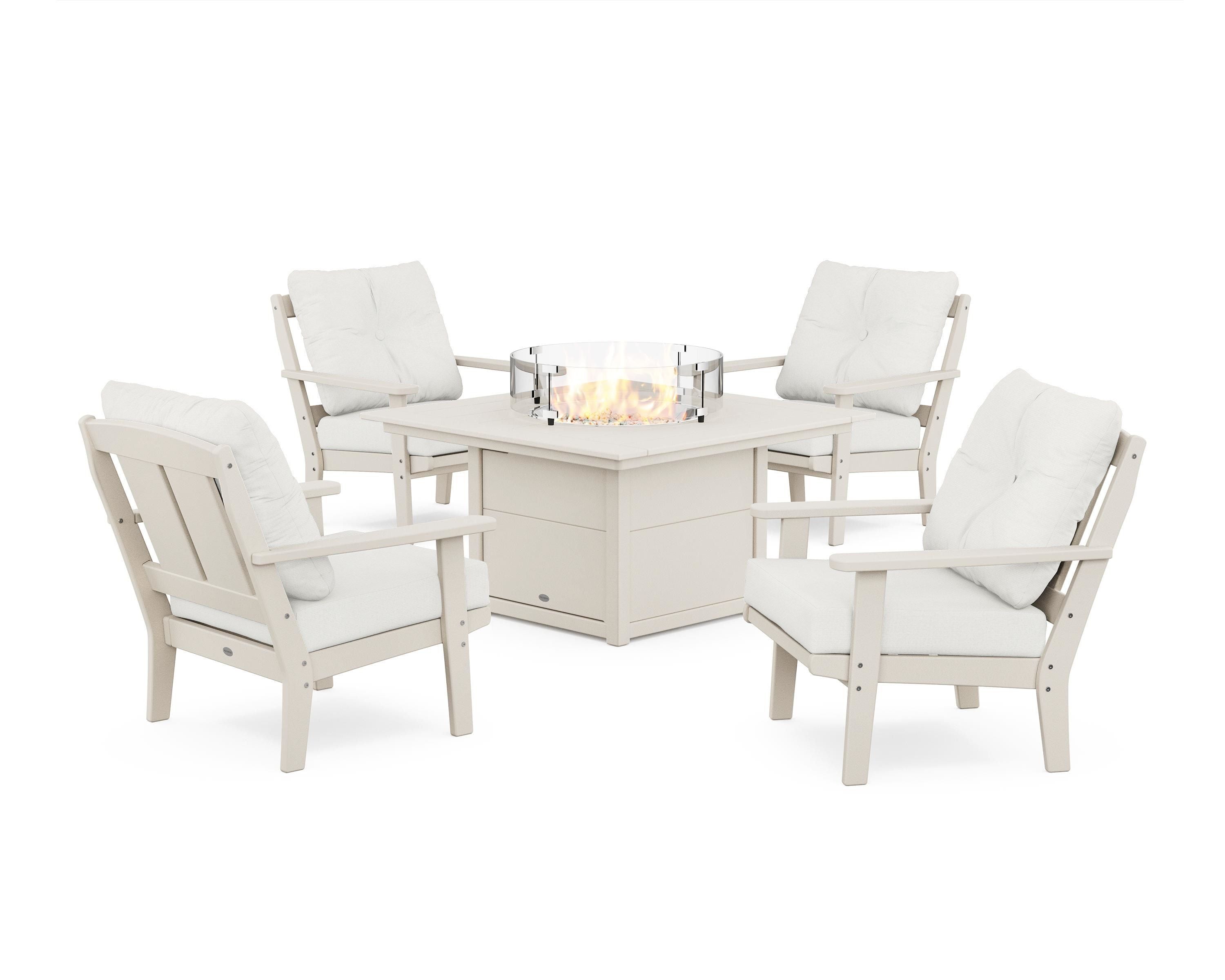 POLYWOOD® Mission 5-Piece Deep Seating Set with Fire Pit Table in Sand / Natural Linen