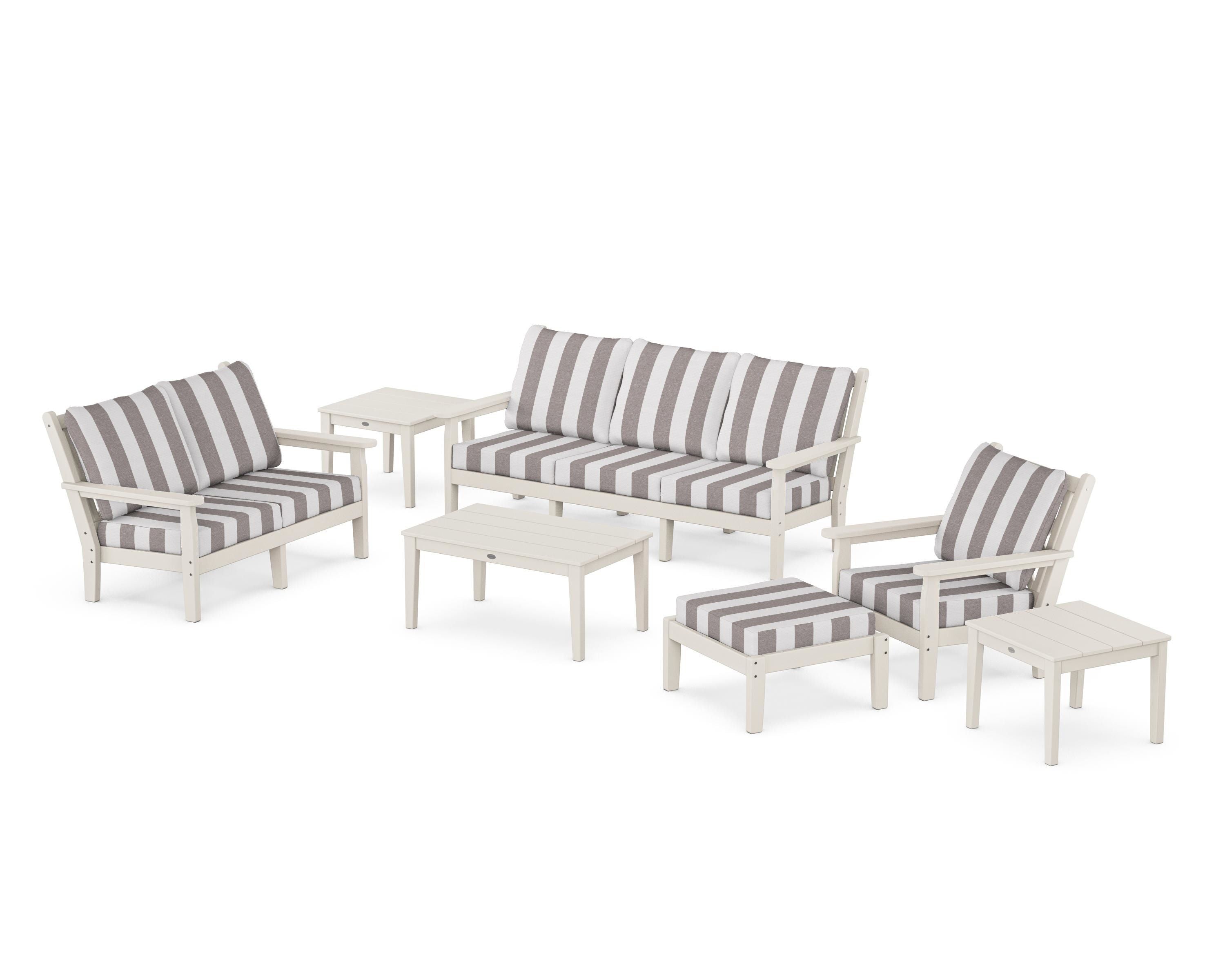 POLYWOOD® Chippendale 7-Piece Deep Seating Set in Sand / Cabana Stripe Grey Mist