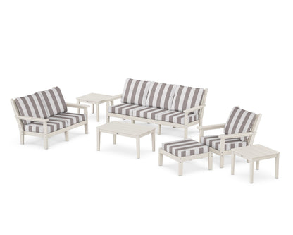 POLYWOOD® Chippendale 7-Piece Deep Seating Set in Sand / Cabana Stripe Grey Mist