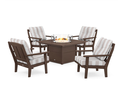 POLYWOOD® Mission 5-Piece Deep Seating Set with Fire Pit Table in Mahogany / Cabana Stripe Dune Burlap