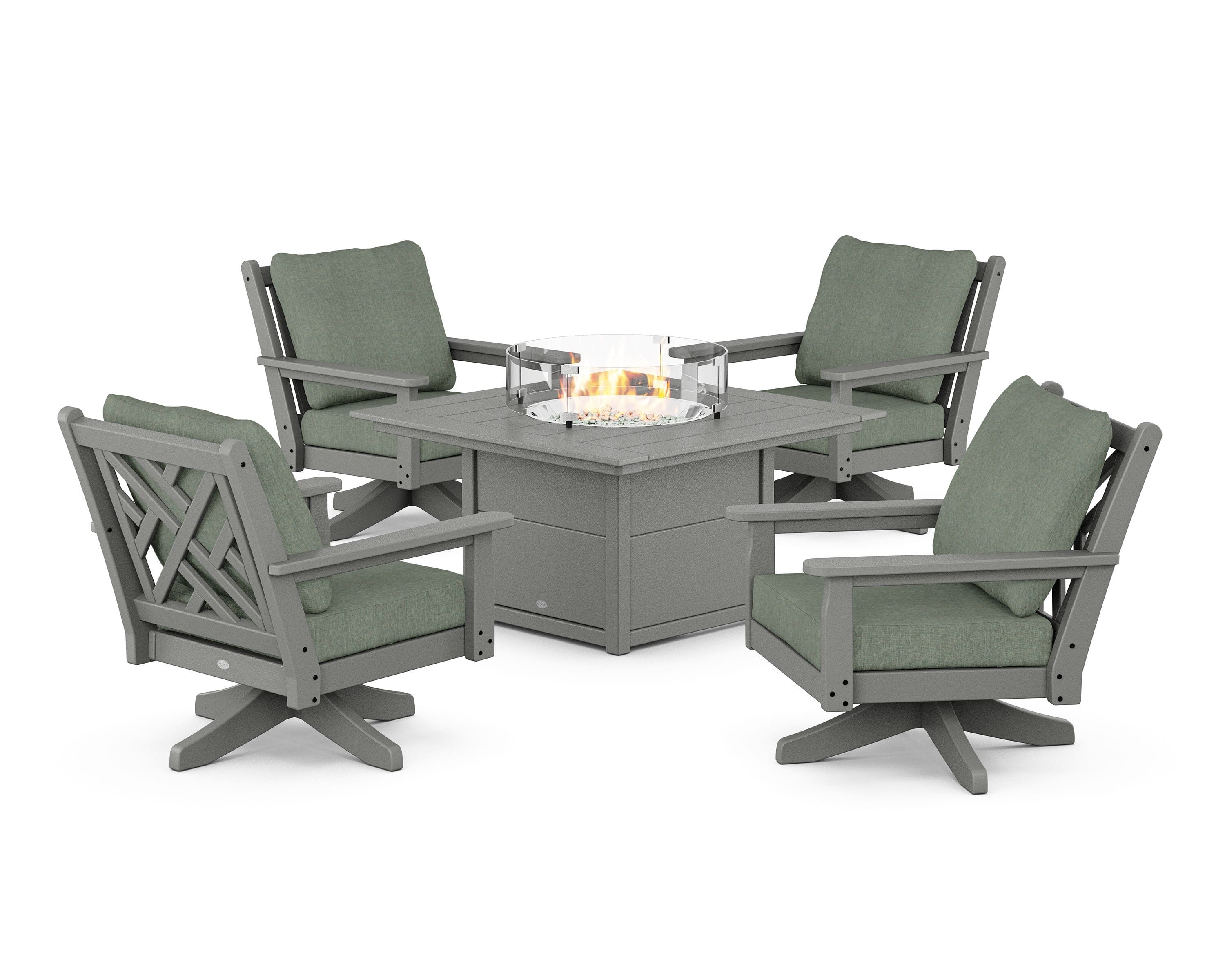 POLYWOOD® Chippendale 5-Piece Deep Seating Swivel Conversation Set with Fire Pit Table in Slate Grey / Cast Sage