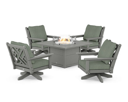 POLYWOOD® Chippendale 5-Piece Deep Seating Swivel Conversation Set with Fire Pit Table in Slate Grey / Cast Sage