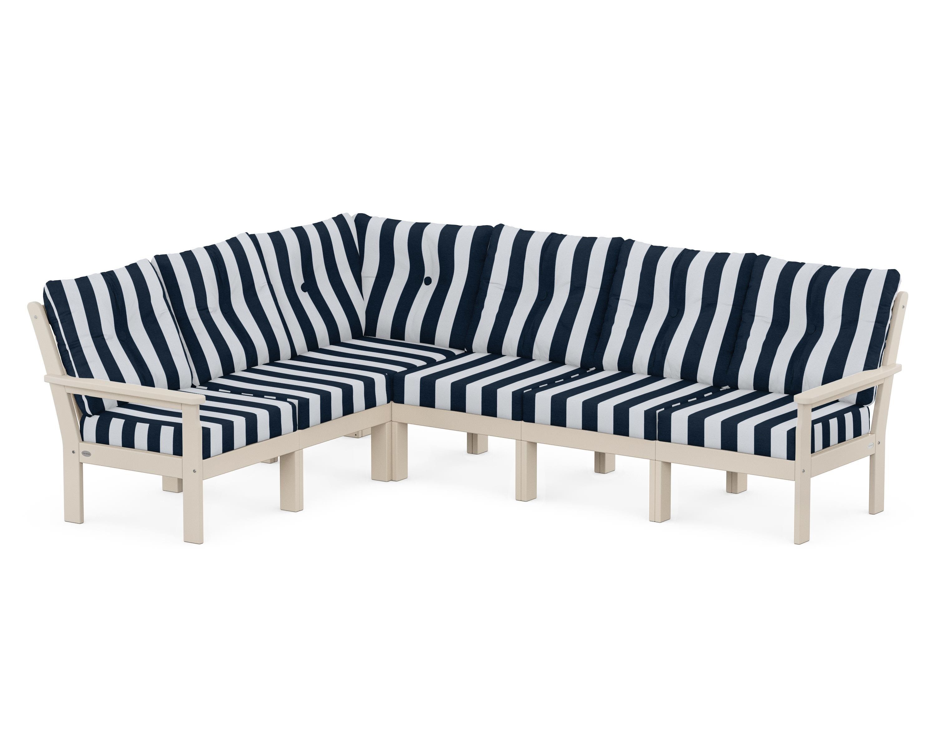 POLYWOOD® Vineyard 6-Piece Sectional in Sand / Cabana Stripe Marine Indigo
