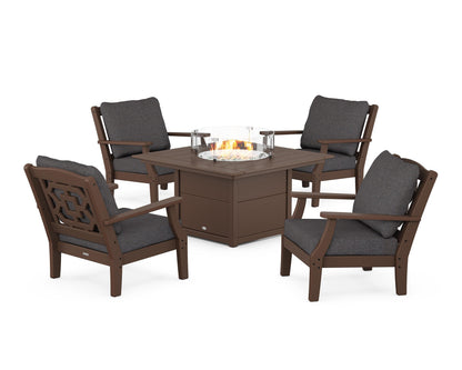 Martha Stewart by POLYWOOD® Chinoiserie 5-Piece Deep Seating Set with Fire Pit Table in Mahogany / Ash Charcoal