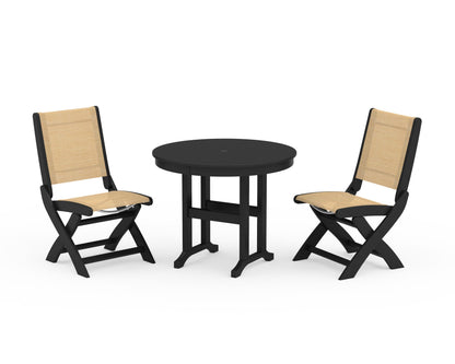 POLYWOOD® Coastal Folding Side Chair 3-Piece Round Dining Set in Black / Dupioni Apricot Sling