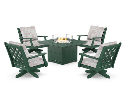 Country Living Wovendale 5-Piece Deep Seating Swivel Conversation Set with Fire Pit Table in Green / Leaf Dune Burlap