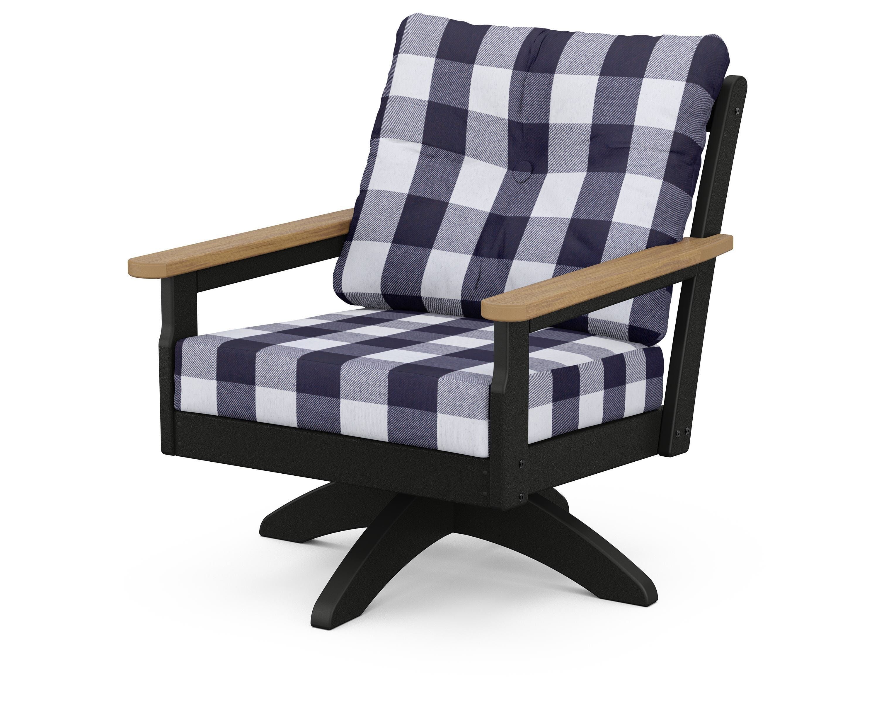 POLYWOOD® Vineyard Deep Seating Swivel Chair in Black / Natural / Buffalo Plaid Navy
