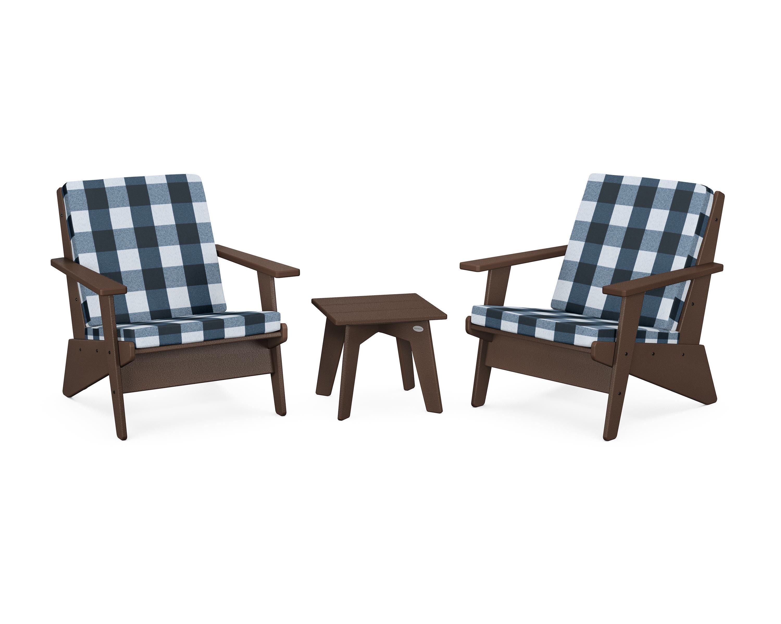 POLYWOOD® Riviera Modern Lounge 3-Piece Set in Mahogany / Buffalo Plaid Marine Indigo
