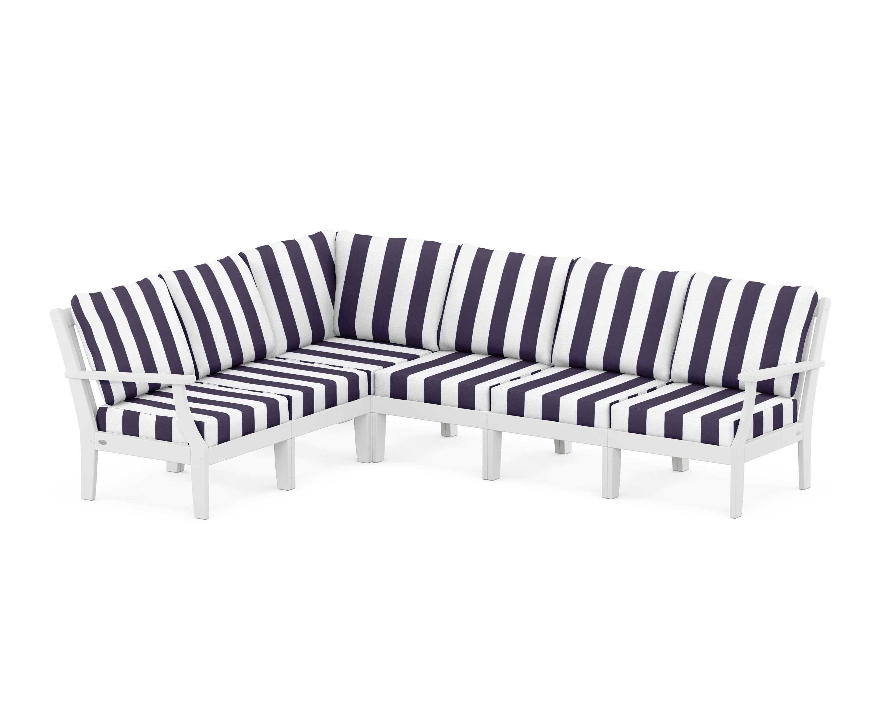 POLYWOOD® Braxton Modular 6-Piece Deep Seating Set in White / Cabana Stripe Navy