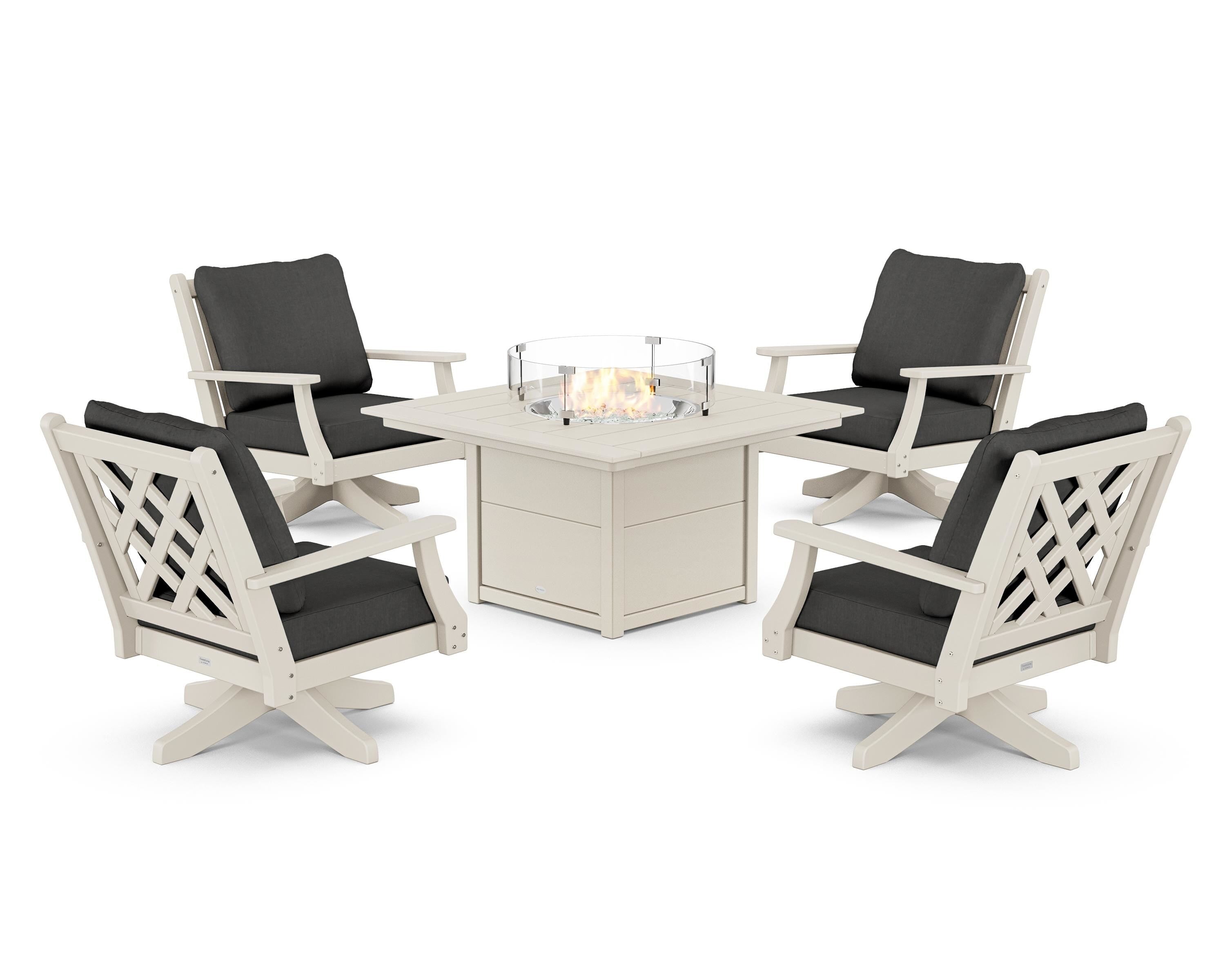 Country Living Wovendale 5-Piece Deep Seating Swivel Conversation Set with Fire Pit Table in Sand / Spectrum Carbon