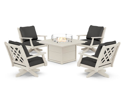 Country Living Wovendale 5-Piece Deep Seating Swivel Conversation Set with Fire Pit Table in Sand / Spectrum Carbon