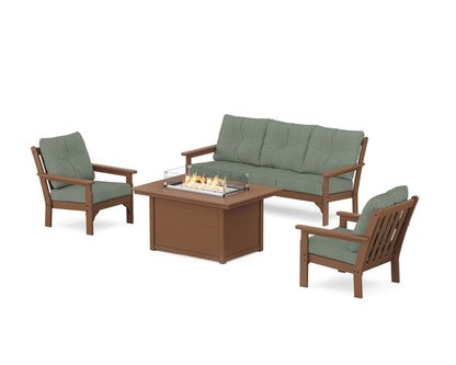 POLYWOOD® Vineyard Deep Seating Fire Pit Table Set in Teak / Cast Sage