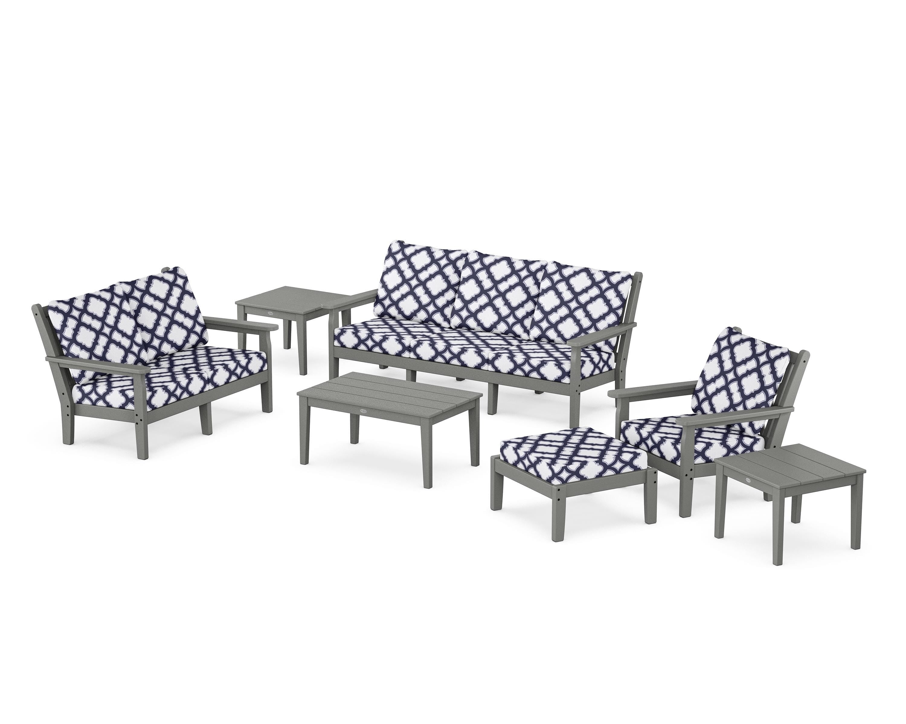 POLYWOOD® Chippendale 7-Piece Deep Seating Set in Slate Grey / Trellis Navy
