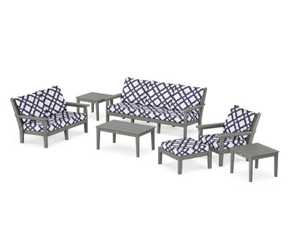POLYWOOD® Chippendale 7-Piece Deep Seating Set in Slate Grey / Trellis Navy