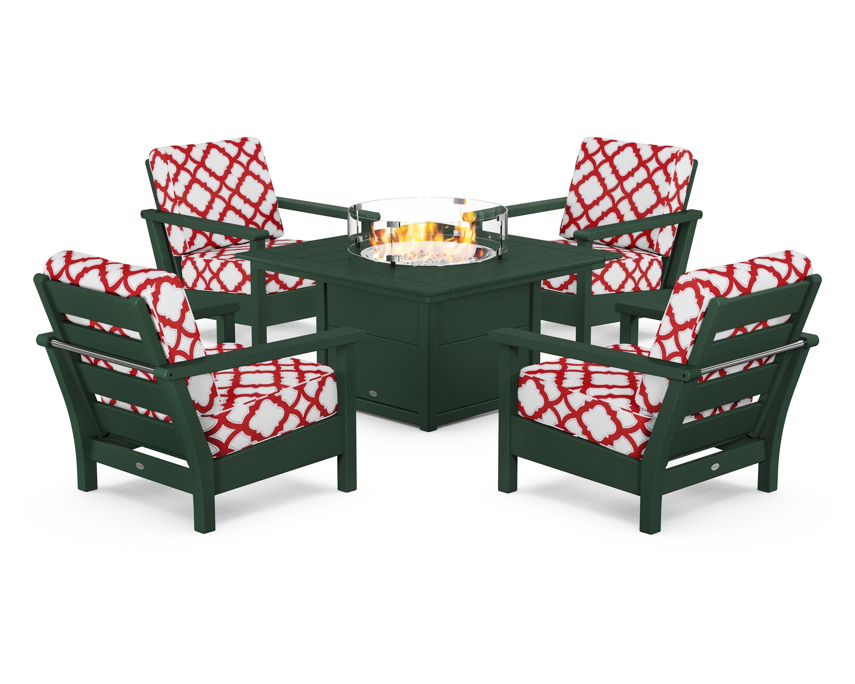 POLYWOOD® Harbour 5-Piece Conversation Set with Fire Pit Table in Green / Trellis Crimson