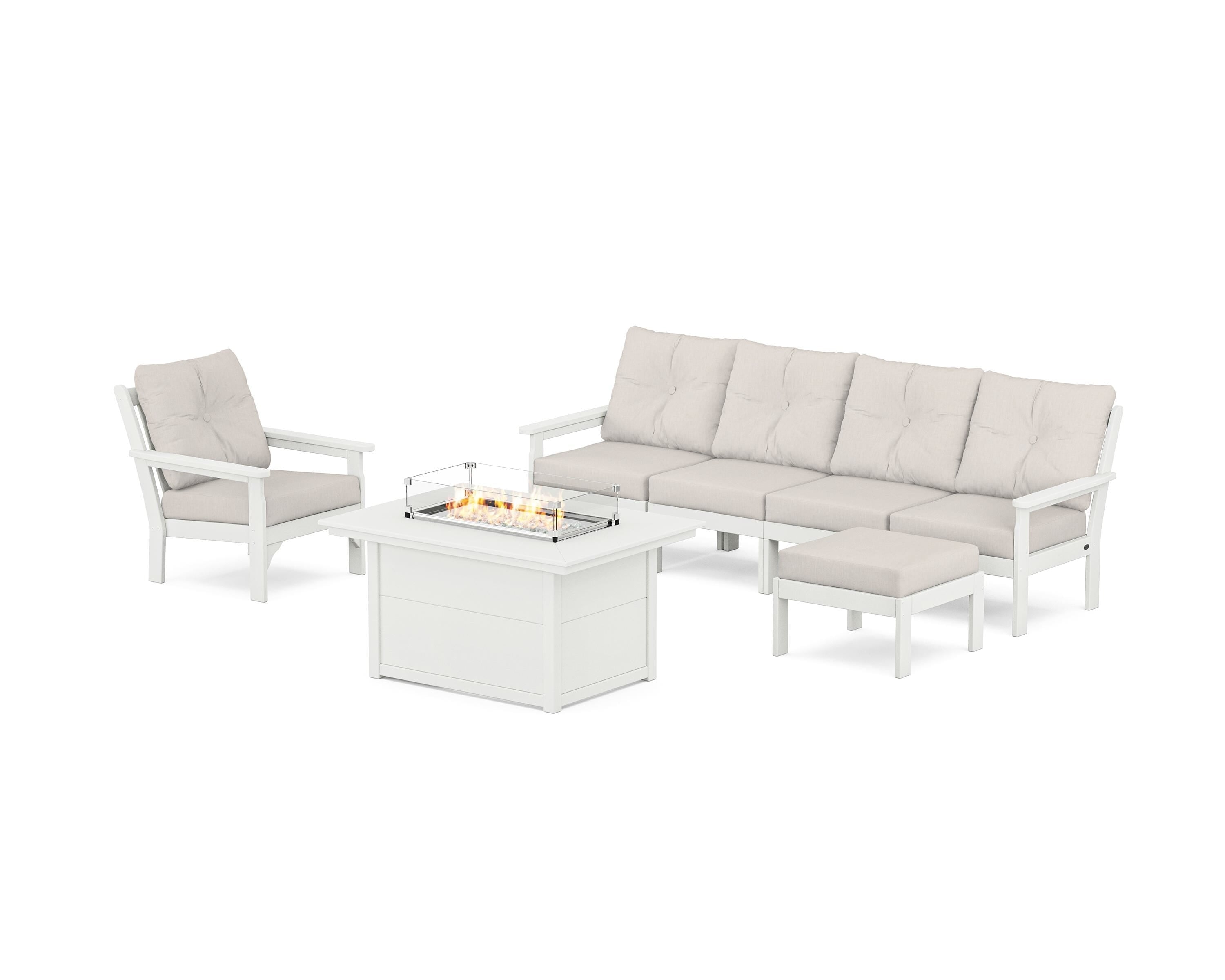 POLYWOOD® Vineyard Sectional Lounge and Fire Pit Set in Vintage White / Cast Ash