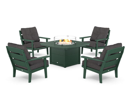 POLYWOOD® Lakeside 5-Piece Deep Seating Set with Nautical Fire Pit Table in Green / Ash Charcoal