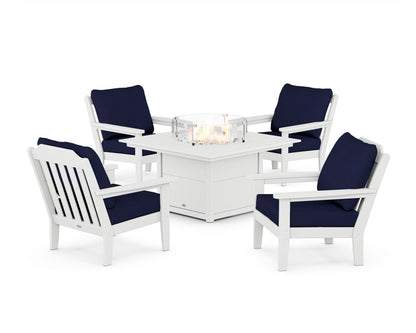 Country Living Cottage 5-Piece Deep Seating Set with Fire Pit Table in White / Navy