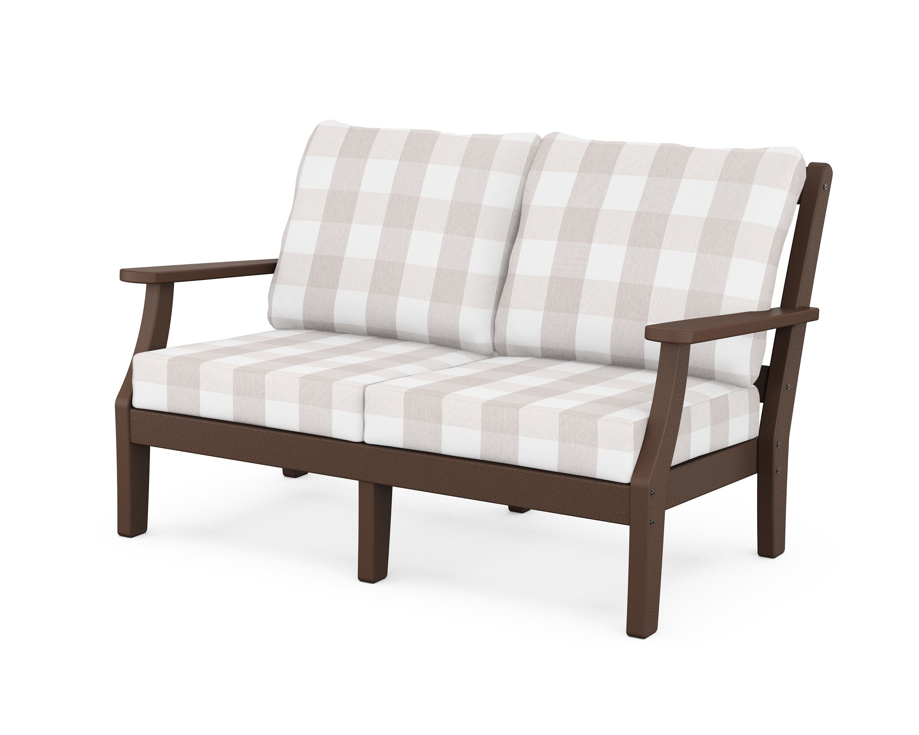 Martha Stewart by POLYWOOD® Chinoiserie Deep Seating Loveseat in Mahogany / Buffalo Plaid Dune Burlap