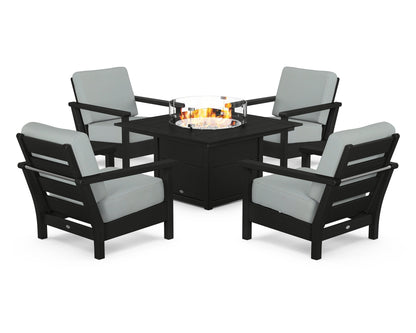 POLYWOOD® Harbour 5-Piece Conversation Set with Fire Pit Table in Black / Spa