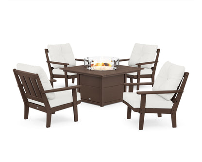 POLYWOOD® Oxford 5-Piece Deep Seating Set with Fire Pit Table in Mahogany / Natural Linen
