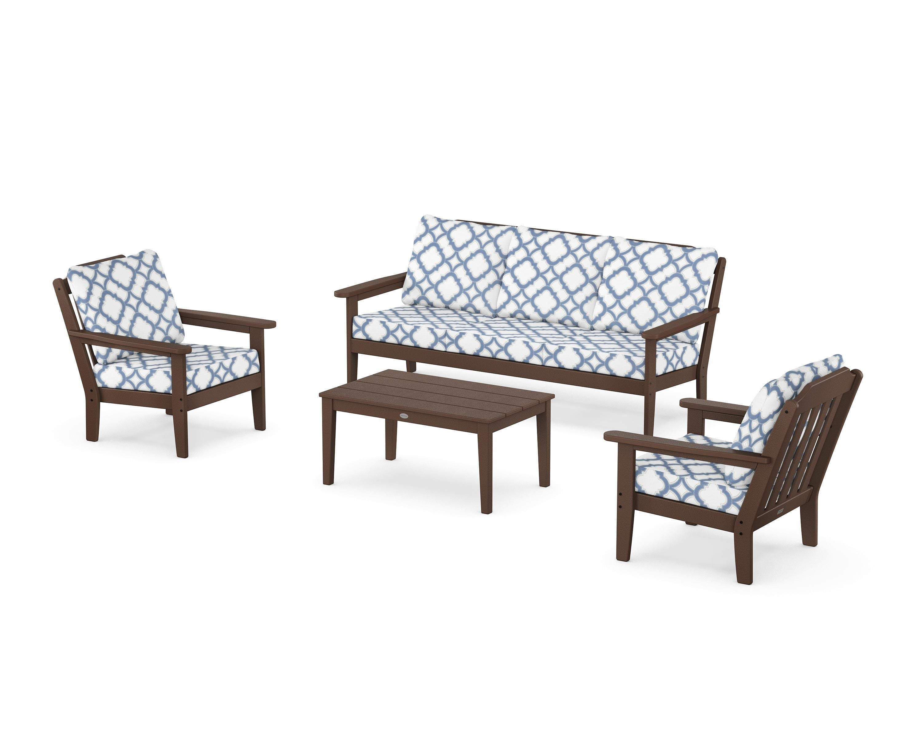 Country Living Cottage 4-Piece Deep Seating Set with Sofa in Mahogany / Trellis Sky Blue