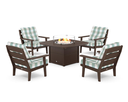 POLYWOOD® Lakeside 5-Piece Deep Seating Set with Nautical Fire Pit Table in Mahogany / Buffalo Plaid Glacier Spa