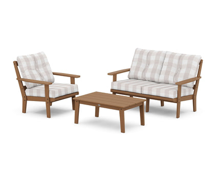 POLYWOOD® Prairie 3-Piece Deep Seating Set with Loveseat in Teak / Buffalo Plaid Dune Burlap
