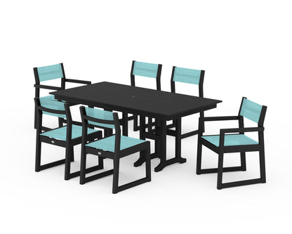 POLYWOOD® EDGE Sling 7-Piece Farmhouse Dining Set in Black / Dupioni Aquamarine Sling