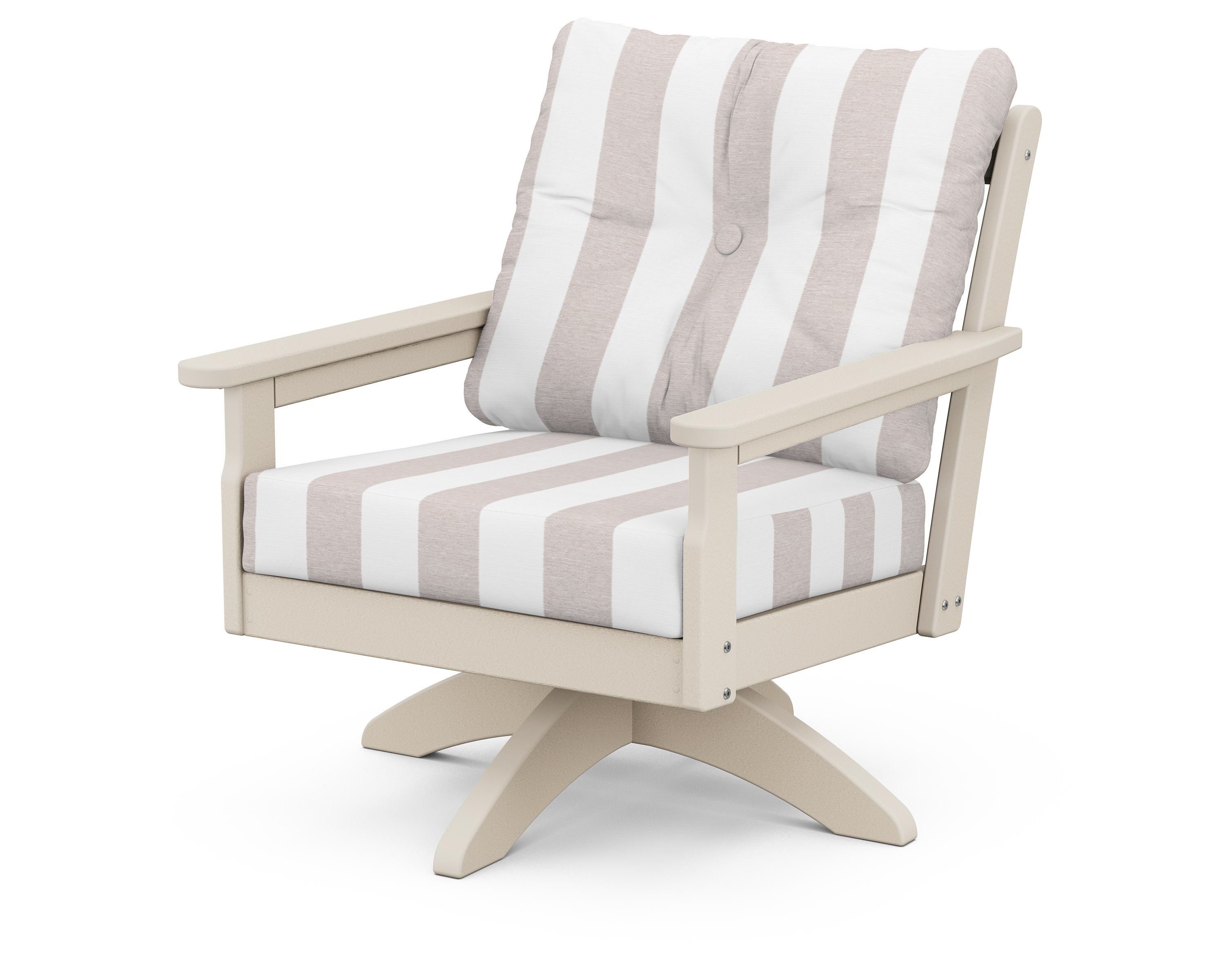 POLYWOOD® Vineyard Deep Seating Swivel Chair in Sand / Cabana Stripe Dune Burlap
