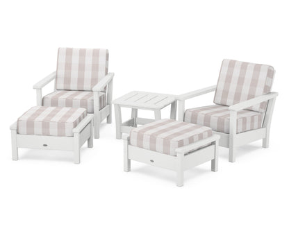 POLYWOOD® Harbour 5-Piece Deep Seating Chair Set in White / Buffalo Plaid Dune Burlap