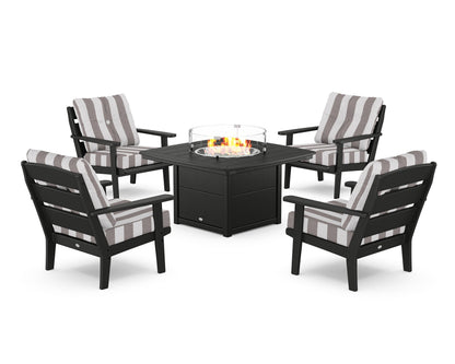 POLYWOOD® Lakeside 5-Piece Deep Seating Set with Nautical Fire Pit Table in Black / Cabana Stripe Grey Mist