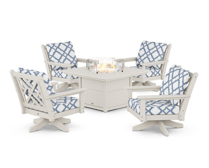 POLYWOOD® Chippendale 5-Piece Deep Seating Swivel Conversation Set with Fire Pit Table in Sand / Trellis Sky Blue