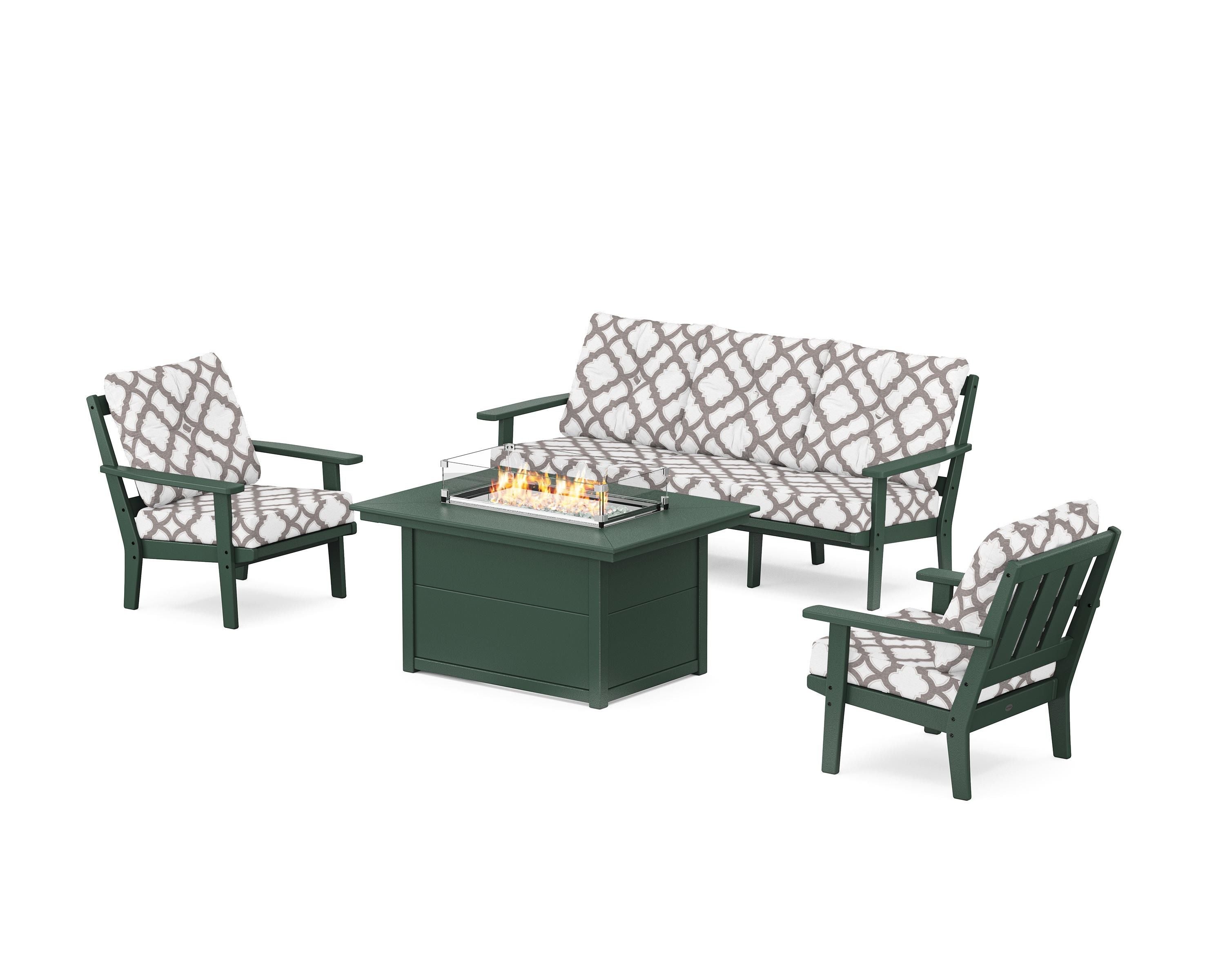 POLYWOOD® Oxford Deep Seating Fire Pit Table Set in Green / Trellis Grey Mist