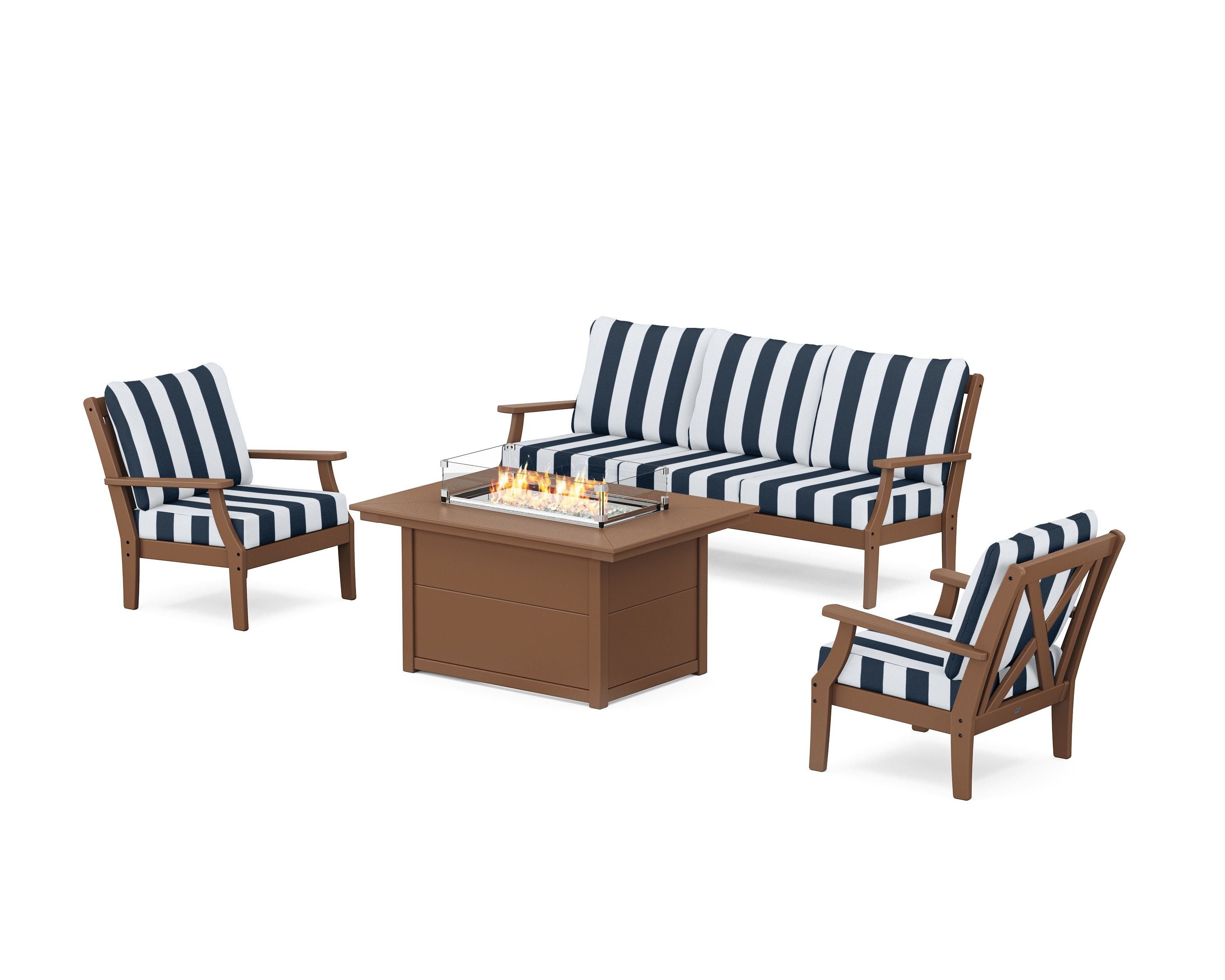 POLYWOOD® Braxton Deep Seating Fire Pit Table Set in Teak / Cabana Stripe Marine Indigo