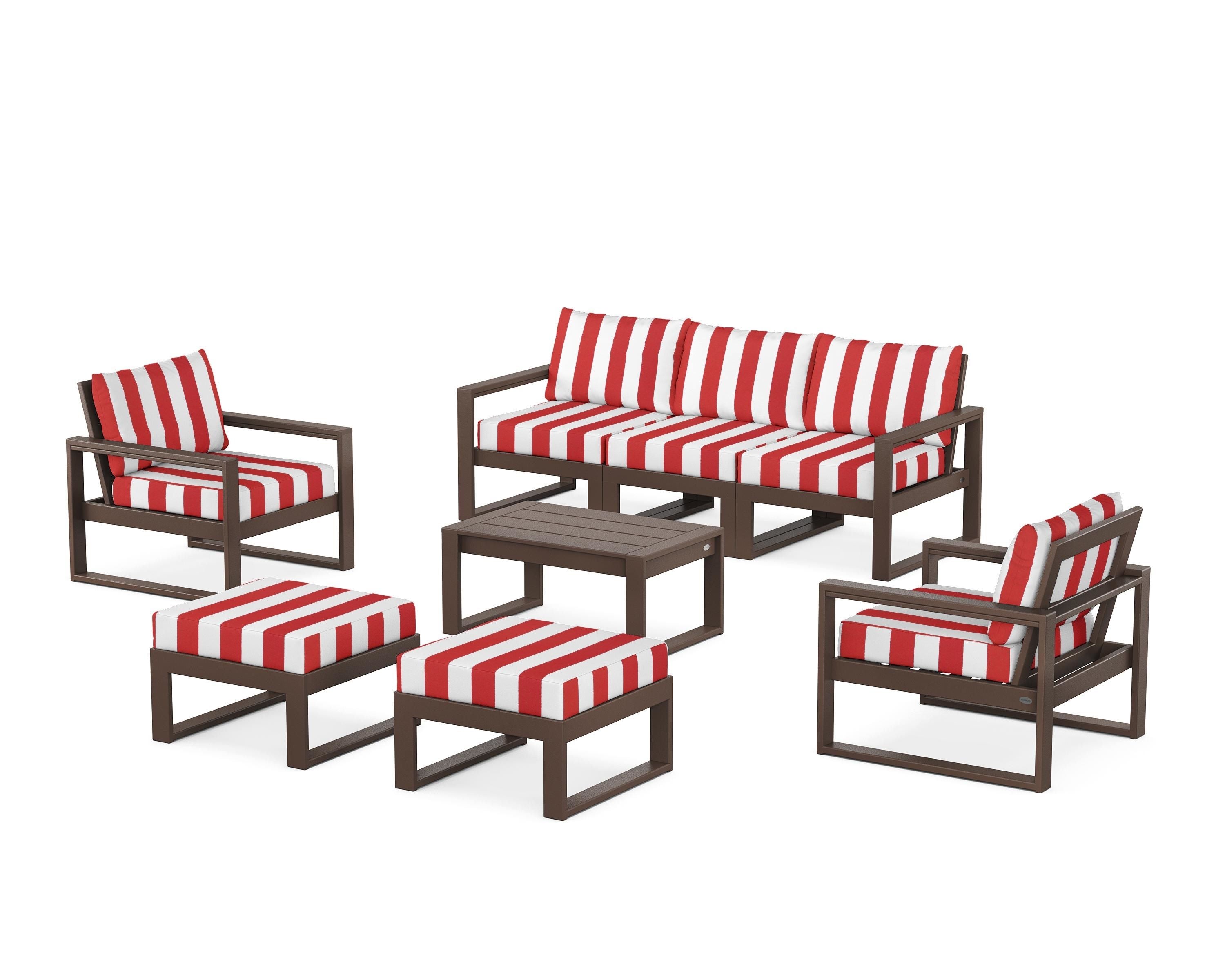 POLYWOOD® EDGE Sectional 8-Piece Lounge Sofa Set in Mahogany / Cabana Stripe Crimson