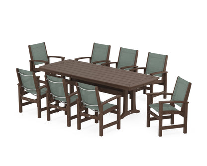 POLYWOOD® Coastal 9-Piece Dining Set with Trestle Legs in Mahogany / Dupioni Sea Mist Sling