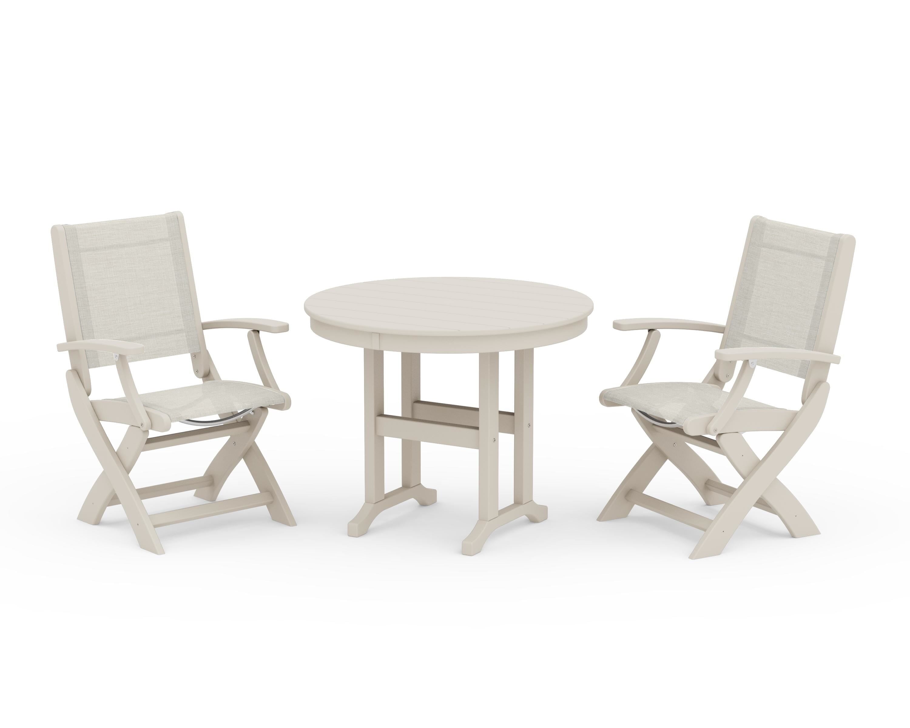 POLYWOOD® Coastal Folding Chair 3-Piece Round Dining Set in Sand / Parchment Sling