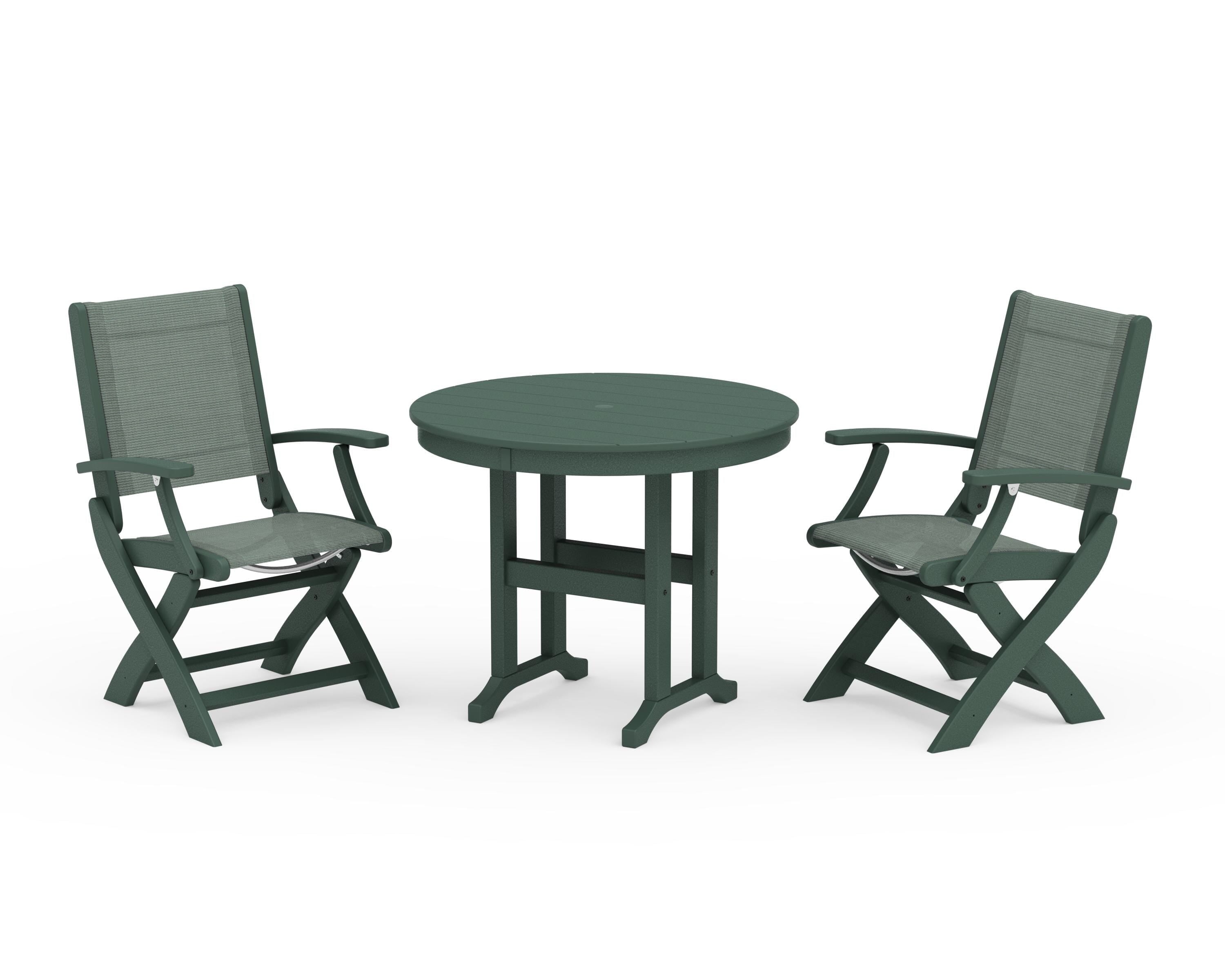 POLYWOOD® Coastal Folding Chair 3-Piece Round Dining Set in Green / Dupioni Sea Mist Sling