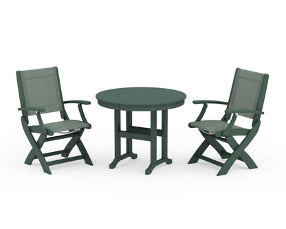 POLYWOOD® Coastal Folding Chair 3-Piece Round Dining Set in Green / Dupioni Sea Mist Sling