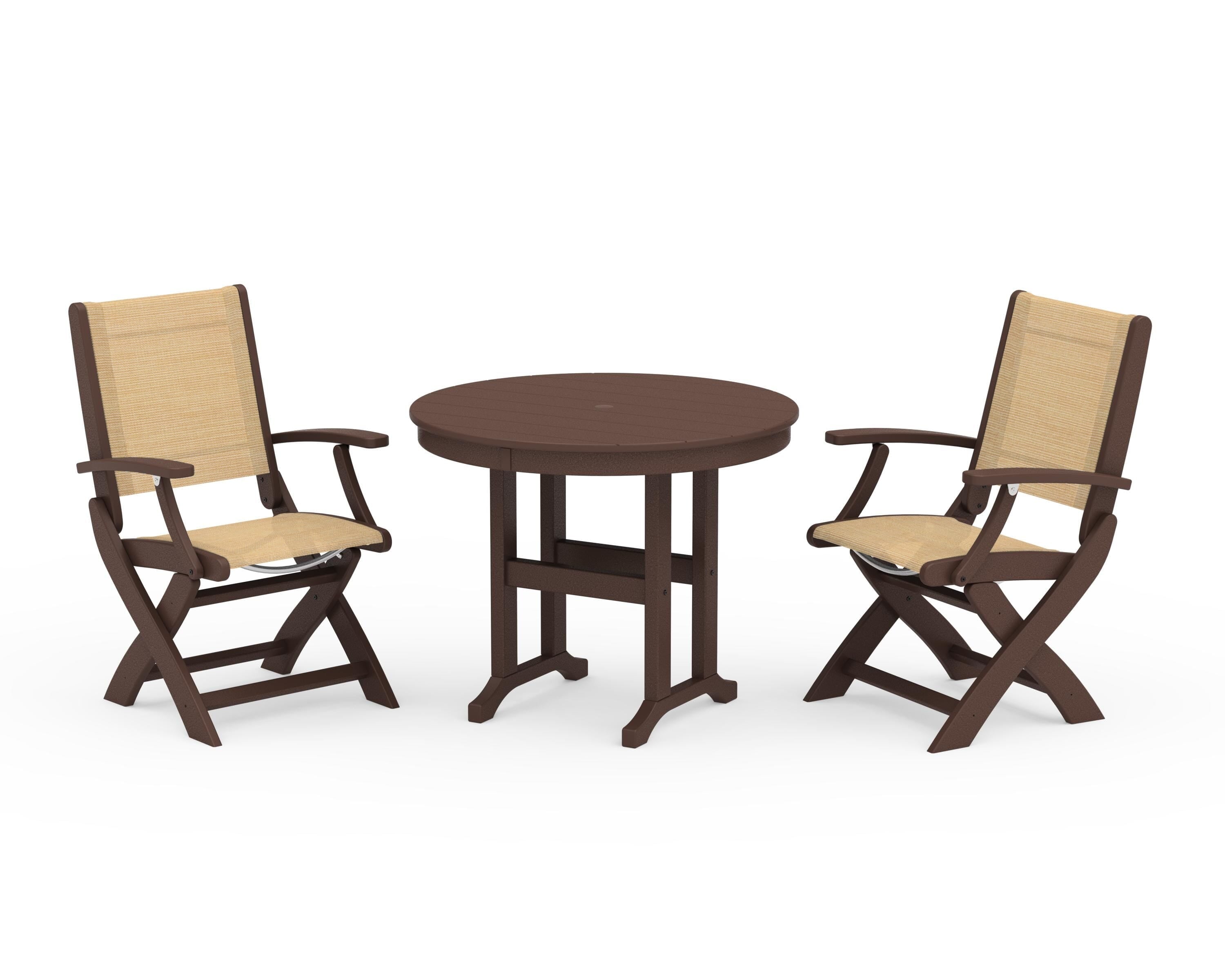 POLYWOOD® Coastal Folding Chair 3-Piece Round Dining Set in Mahogany / Dupioni Apricot Sling