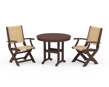 POLYWOOD® Coastal Folding Chair 3-Piece Round Dining Set in Mahogany / Dupioni Apricot Sling