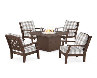 Martha Stewart by POLYWOOD® Chinoiserie 5-Piece Deep Seating Set with Fire Pit Table in Mahogany / Buffalo Plaid Grey Mist