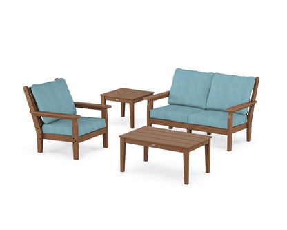 POLYWOOD® Chippendale 4-Piece Deep Seating Set in Teak / Lattice Sky Blue